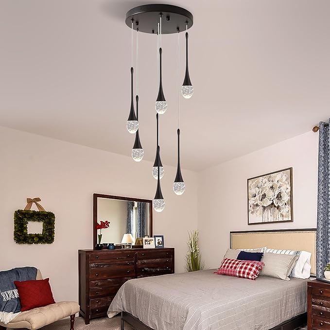Modern Crystal Chandelier 7-Lights Black, H60'' High Ceiling Spiral Dimmable LED Bubble Crystal Raindrop Light Fixture for Foyer Entryway Dining Room Remote Control