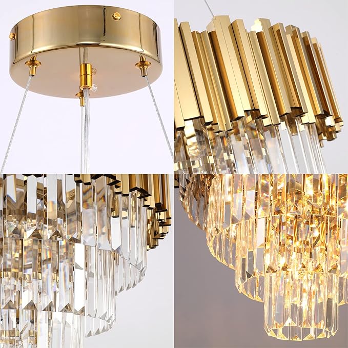 Gold Chandeliers Modern Crystal Chandelier Lighting 7 Lights Round Gold Dining Chandelier Light Fixture Ceiling Bedroom Living Room Entryway 4-Tier Golden 21.6"