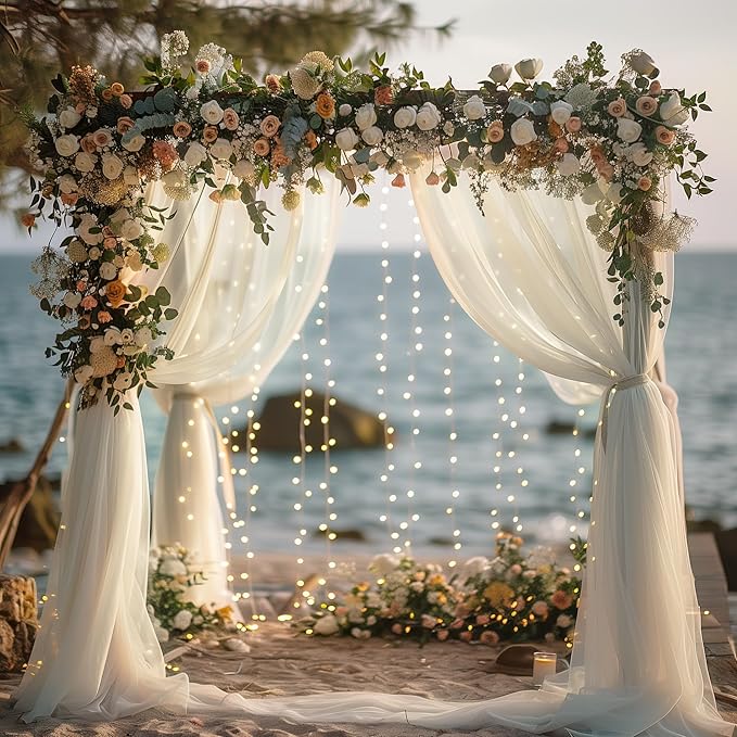 Fomcet Tulle Backdrop Curtains Ivory 30FT X 8FT Tulle Curtains with Lights String Sheer Curtain Backdrop for Parties Wedding Baby Shower Photo Shoot Decorations (6 Panels 5x8FT)