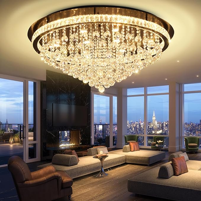 Dia 40" Modern Crystal Chandeliers for Living Room,Black Large Chandelier Flush Mount Chandeliers for Bedrooms Dining Room Dimmable 2700k 4500k 6000k