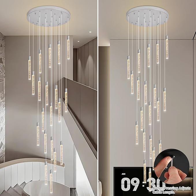 20-Lights Bubble Chandelier for Entryway High Ceiling-157 Height Adjustable Crystal Chandelier,3 Color Temperature Dimmable LED Pendant Light Fixture for Foyer Living Room Staircase,Chrome