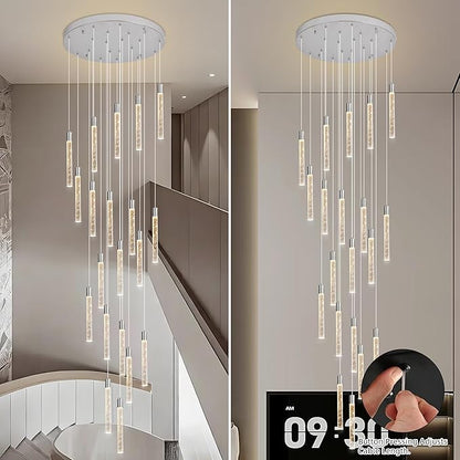 20-Lights Bubble Chandelier for Entryway High Ceiling-157 Height Adjustable Crystal Chandelier,3 Color Temperature Dimmable LED Pendant Light Fixture for Foyer Living Room Staircase,Chrome