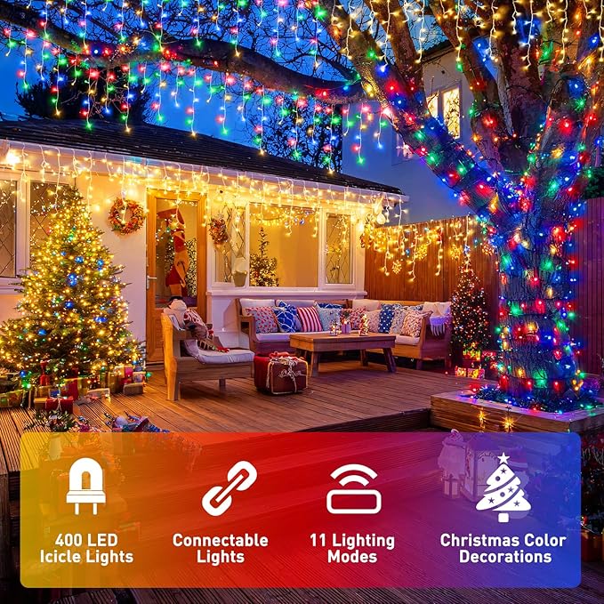 JMEXSUSS Color Changing Outdoor Waterproof Icicle Lights, 400 LED with Remote, Warm White to Multicolor for Christmas Eaves Party Decorations