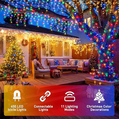 JMEXSUSS Color Changing Outdoor Waterproof Icicle Lights, 400 LED with Remote, Warm White to Multicolor for Christmas Eaves Party Decorations