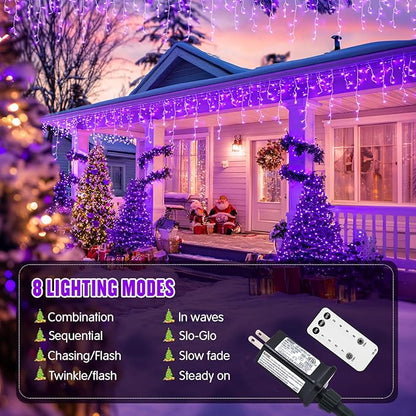 JMEXSUSS Purple Christmas Icicle Lights, 38.8 FT 400 LED Icicle Light Outdoor Waterproof, 8 Modes Purple Halloween Lights with 80 Drops Plug in for House Christmas Party Decorations