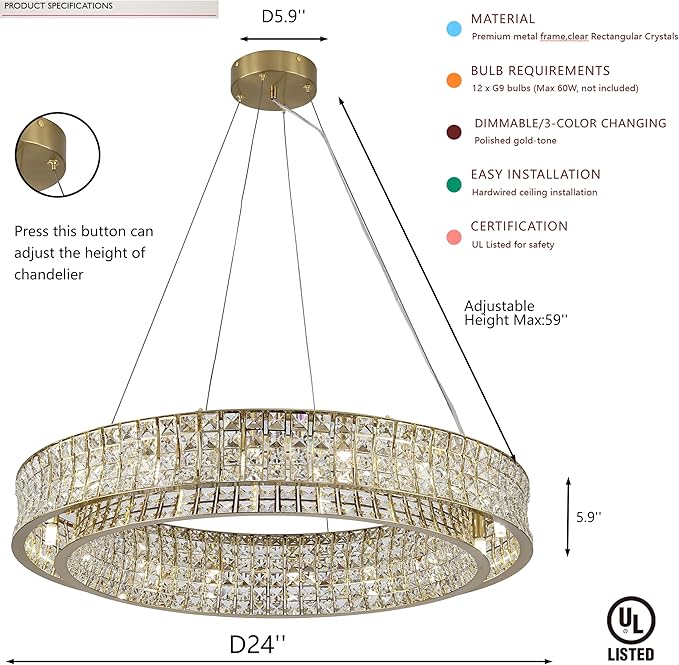Modern Crystal Chandelier Round 12-Light Contemporary Hanging Ceiling Light Fixture Copper/Brass Finish with Rectangular Crystals Dining Room Living Room Bedroom Entryway Lighting Easy Install 24''