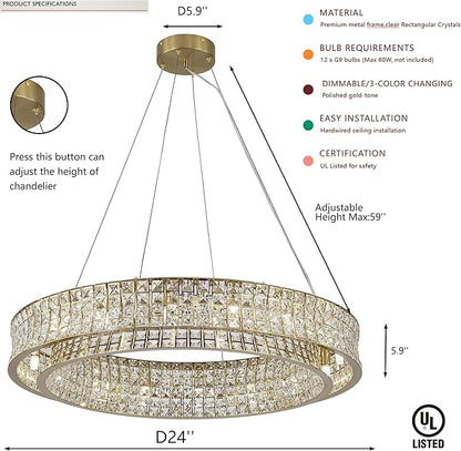 Modern Crystal Chandelier Round 12-Light Contemporary Hanging Ceiling Light Fixture Copper/Brass Finish with Rectangular Crystals Dining Room Living Room Bedroom Entryway Lighting Easy Install 24''