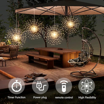 SHUKAN 4 Pcs 800 LED Plug-in Starburst Sphere Lights, Firework Light 8 Modes Dimmable Remote Control Waterproof Hanging Fairy Light, Copper Wire Lights for Patio Party Tent Christmas (Warm White)