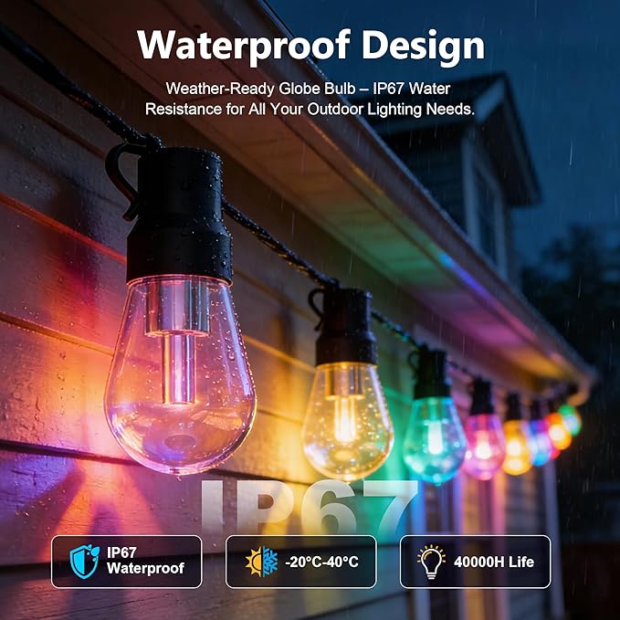 Beizelte Outdoor String Lights, 150FT RGB+IC Outside Light Dimmable Shatterproof LED Bulbs, IP67 Waterproof Chasing Effect Lighting DreamColor Patio Strip Lights for Backyard, Balcony, Outdoor Living