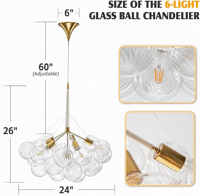 Longree Bubble Chandelier White and Gold 6-Light Dia 24" Swirled Glass Chandeliers Pendant Light Fixture for Kitchen Island, Bedroom, Dining Room