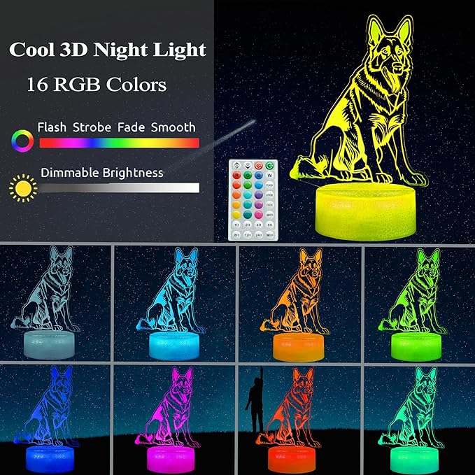 German Shepherd Dog Night Light, 16 Colors Changing, Remote Control with Timer, RGB Flashing Mode and Dimmable, Dog Lamp for Christmas Birthday Decor