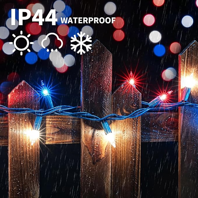LAMPHOME Red White and Blue Patriotic Mini String Lights, 31.9FT 150 Incandescent Lights, Connectable 120V Waterproof Green Wire, 4th of July Independence Day Decor for Indoor Outdoor Christmas Party