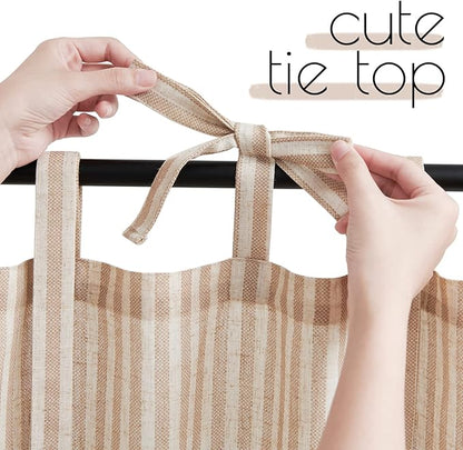 jinchan Tie Top Linen Kitchen Curtains 36 Inches Striped Tier Curtains Farmhouse Modern Cafe Style Small Window Treatments Airy Light Filtering Rod Pocket for Living Room Bathroom 2 Panels Tan