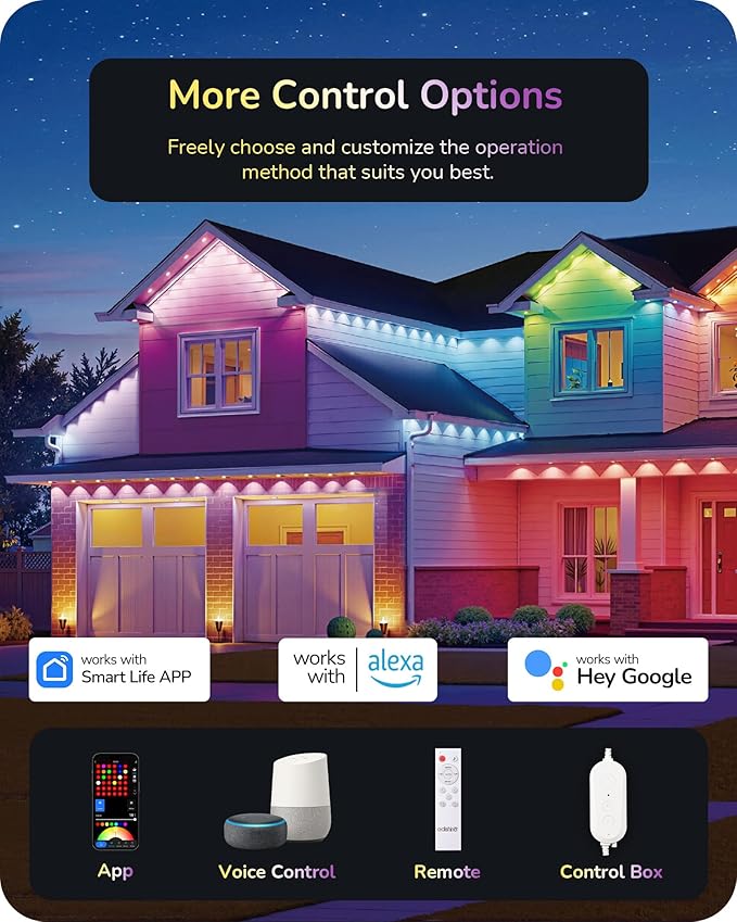 EDISHINE 200FT Outdoor Permanent Lights for House, Cuttable 120 RGBIC LED Smart Eave Lights, 111+ Scene Modes Outdoor Smart Lights, APP/Voice/Remote, IP67 Waterproof for House Outdoor Decor