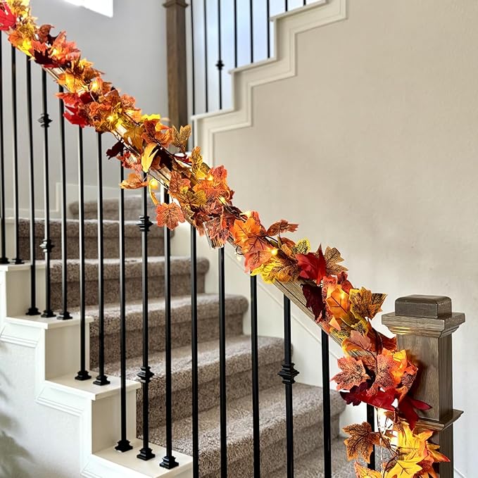 CQURE 6 Pack Fall Leaf Garland with Lights,Fall Decor Halloween Lights Artificial Maple Leaves Autumn Garland Hanging Vines Thanksgiving Decor for Home Christmas Autumn