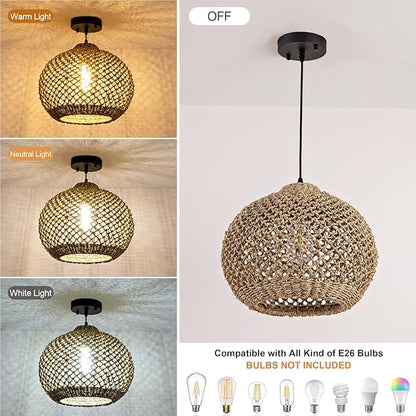 Farmhouse Rattan Pendant Lights 13.8" Wicker Hand-Woven Chandelier Rustic Round Seagrass Hanging Light Fixture for Kitchen Island Bedroom Hallway Entry Living Room Dining Coffee Bar