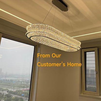 47" LED Rectangle Chrome Crystal Chandeliers for Dining Room, Luxury, Rectangular Modern Crystal Oval Kitchen Chandelier, Dimmable LED with Remote, for Dining Room, Kitchen Island