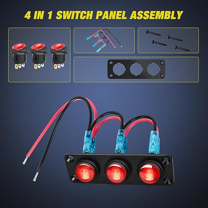 Nilight 3 Gang Rocker Switch Panel 12V Waterproof On-Off Toggle Switches with Red LED Light 3 Pin for Automotive Lights Marine Boat Car Camper Truck Vehicles