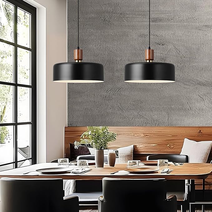 Eustace 13.8 inch Large Pendant Light, Adjustable Metal Chandelier with Solid Wood and Brass Accent, Modern Hanging Light Fixtures for Kitchen Island, Bar, Dining Room, Bedroom, Living Room