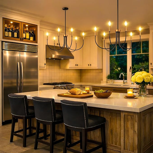 Dining Room Chandelier, ropelux 6-Light Black & Gold Farmhouse Light Fixtures Over Table, Hanging Height Adjustable Kitchen Island Lighting with E12 Base (Bulb not Included) for Foyer Bedroom Entryway