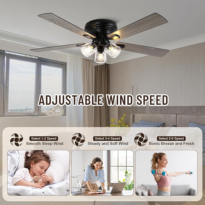 52" Flush Mount Ceiling Fan with Lights and Remote Control,Industrial Farmhouse Ceiling Fan,Reversible Quiet Motor,5 Wood Blades,3 Clear Glass Lights for Bedroom Living Room Kitchen
