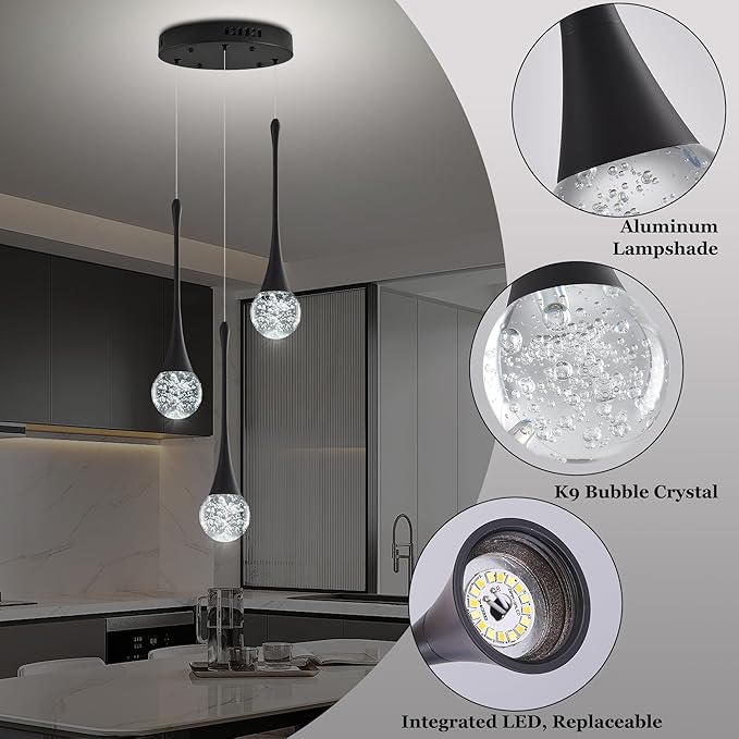 Modern Crystal Kitchen Island Chandelier 3-Lights Black, LED Dimmable Raindrop Indoor Lighting Fixture for Dining Room Foyer Entryway Remote Control