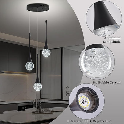 Modern Crystal Kitchen Island Chandelier 3-Lights Black, LED Dimmable Raindrop Indoor Lighting Fixture for Dining Room Foyer Entryway Remote Control