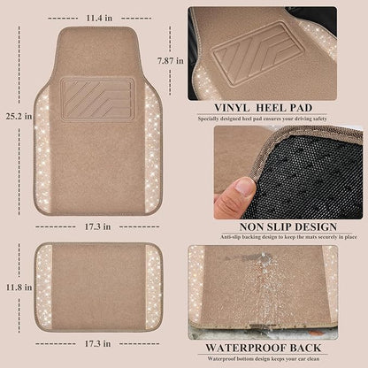 CAR PASS Bling Car Mats Shining Diamond Carpet Crystal Rhinestones Sparkly Glitter Floor Mats with Anti-Slip PVC Heel Pad Universal Fit for Automotive SUV, Sedan, Car, Van, 4pcs for Girl Women, Beige