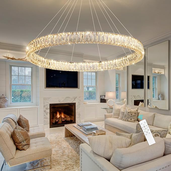 HAIXIANG Modern Crystal Chandelier Dimmable Large Ring LED Pendant Lights Adjustable Glam Chandeliers Lighting Fixtures for Dining Room Living Room Bedroom Silver Light