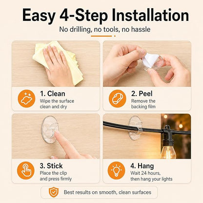 Hooks Lights Clips Outdoor String - 3X Stronger Adhesion 20Pcs Clear Heavy Duty Hangers Waterproof Adhesive - Sticky Removable 0 Residue No Drill Indoor Garage - for Patio Fence Gutters Wall Christmas