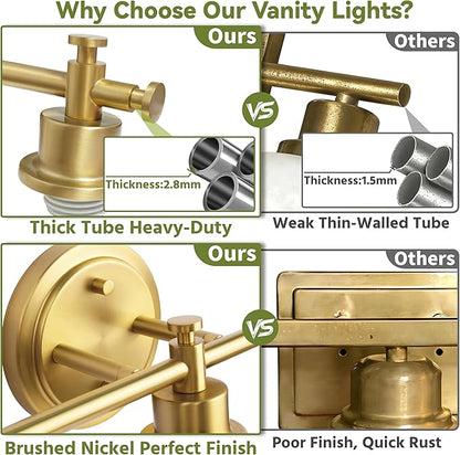 3-Light Bathroom Vanity Light, Brushed Gold Vanity Lights for Bathroom, Modern Champagne Gold Wall Sconce with White Glass Shades, Anti-Rust Light Fixtures over Mirror (Bulbs Not Included, E26 Base)