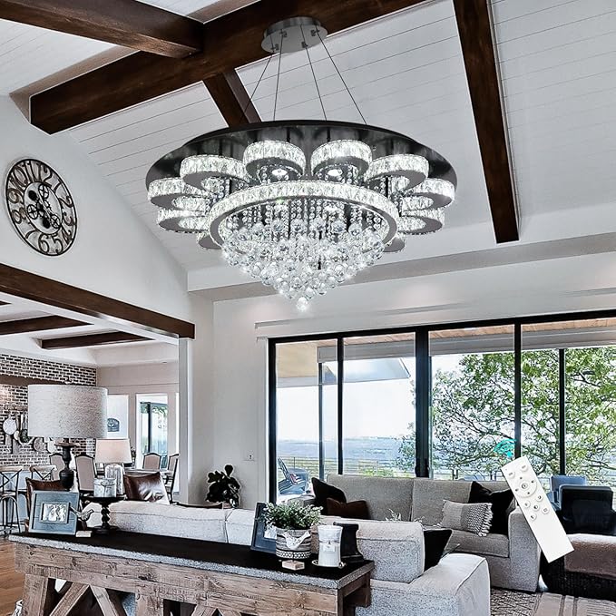 HAIXIANG Modern Chandelier Living Room Light Glam Chandeliers Ceiling Light Fixture Remote Dimmable Lights 40 Inches Luxury Crystal Black Dining Room Lights