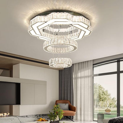 22.5" Modern Crystal Chandeliers Living Room Modern Crystal Ceiling Light 3 Color Change Pendant Light Flush Mount Chandelier for Bedrooms Dining Room Entryway Changeable
