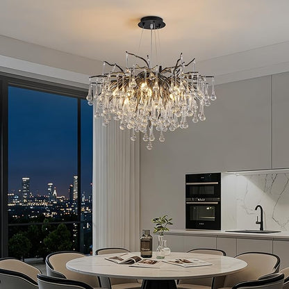 Modern Crystal Raindrop Chandelier, Black Round Art Deco Tree Branch Lighting Fixture for Dining Room Living Room Foyer 13 Lights D31.5''