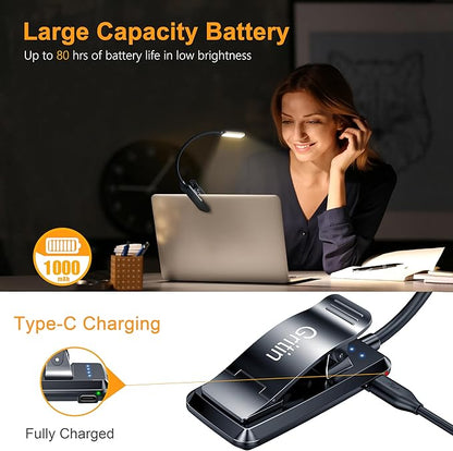 Gritin 9 LED Rechargeable Book Light for Reading in Bed -Eye Caring 3 Color Temperatures,Stepless Dimming Brightness,80 Hrs Runtime Small Lightweight Clip On Book Reading Light for Studying