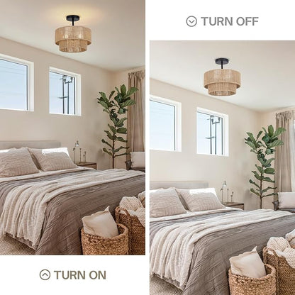 12.6'' Boho Light Fixtures Ceiling Mount, Coastal Hemp rope Semi Flush Mount Ceiling Light Fixture,3-Light Rustic Rattan Ceiling Light With 2-Tier Drum Shade, Nursery Light Fixture Bedroom Chandelier