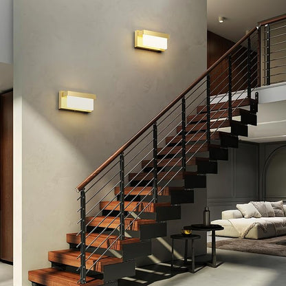 Switched LED Wall Sconce Set of 2, Indoor 8 inch 12 Watt 4000K Wired Gold Wall Mounted Sconce Light with On/Off Switch, Frosted Arcylic Shade Sconces for Bedroom Living Room Bathroom Kitchen Hallway