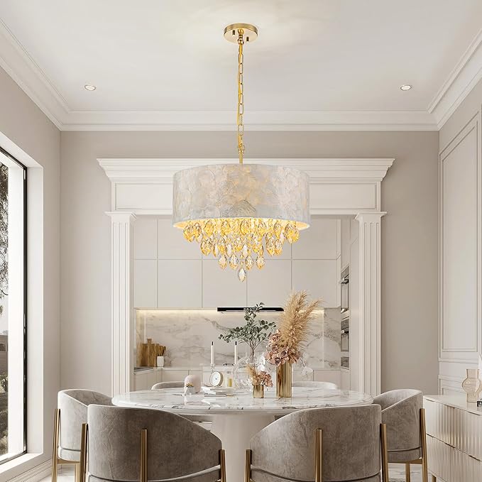 4-Light Drum Capiz Shell Crystal Chandelier, Coastal Style Pendant Light Fixture for Dining Room, Living Room, D18 x H21~68 inch (Height Adjustable), Champagne Crystal & Gold Finish