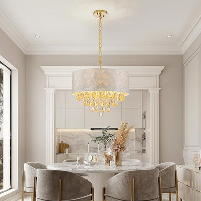 4-Light Drum Capiz Shell Crystal Chandelier, Coastal Style Pendant Light Fixture for Dining Room, Living Room, D18 x H21~68 inch (Height Adjustable), Champagne Crystal & Gold Finish