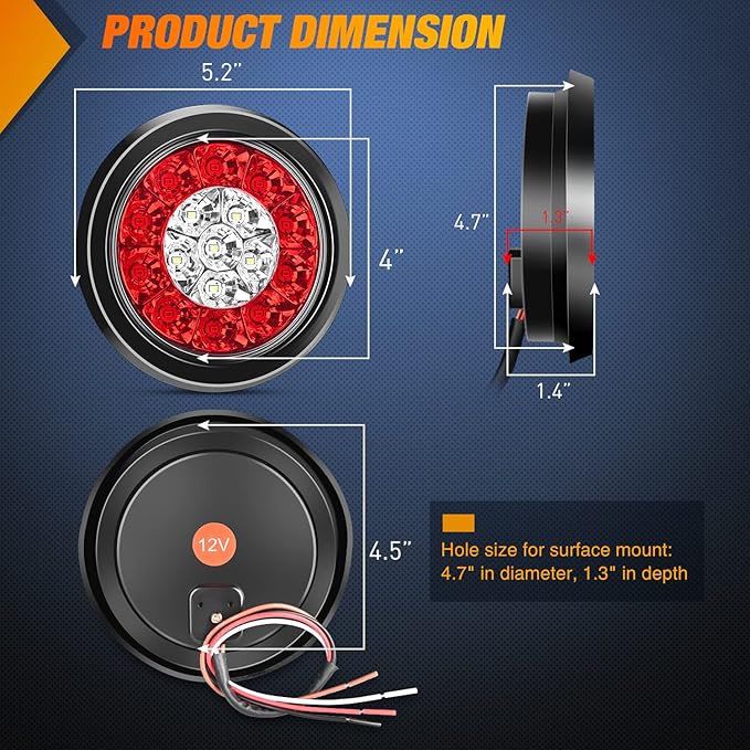 Nilight 2PCS 4 Inch Round Red White LED Trailer Tail Lights 16LEDs Flush Mount Grommets IP67 Waterproof Stop Brake Running Reverse Light for Trucks Trailers RV