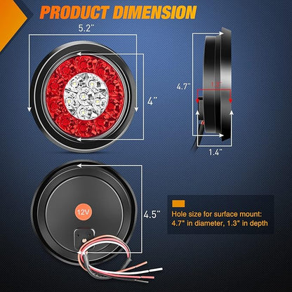 Nilight 2PCS 4 Inch Round Red White LED Trailer Tail Lights 16LEDs Flush Mount Grommets IP67 Waterproof Stop Brake Running Reverse Light for Trucks Trailers RV
