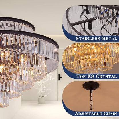 6-Tier Large Gold Crystal Chandeliers 31" Modern Luxury Chandeliers for Staircase K9 Crystal High Ceiling Chandelier 17-Light Round Hanging Pendant Light Fixture for Living Room Entryway Foyer