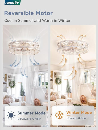 LEDIARY 23" Caged Ceiling Fan with Light, Large Flush Mount, App&Remote Control, Low Profile Bladeless Fan Light Fixture 6 Speed, Reversible and Quiet Motor-White Gold