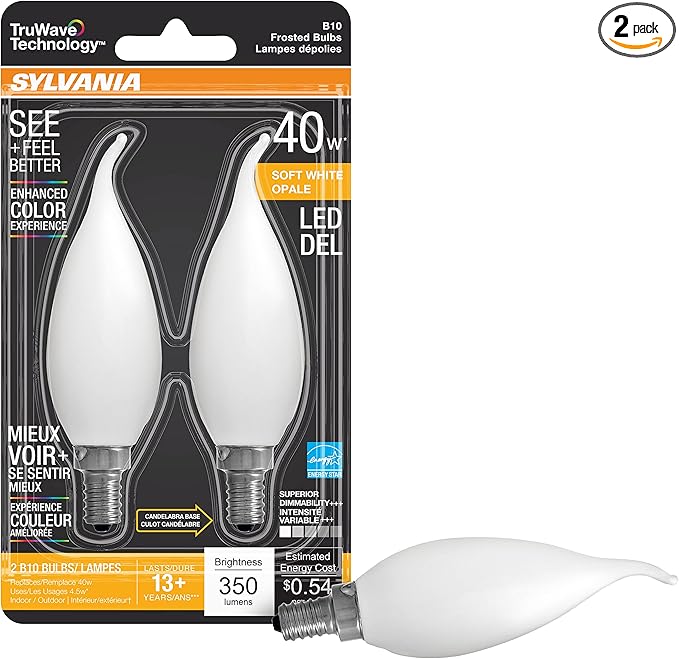 Sylvania LED TruWave Natural Series Candelabra Base Light Bulb, 40W Equivalent, Efficient 4.5W, Soft White, Dimmable, Frosted, Candle Tip - 2 Pack (40779)