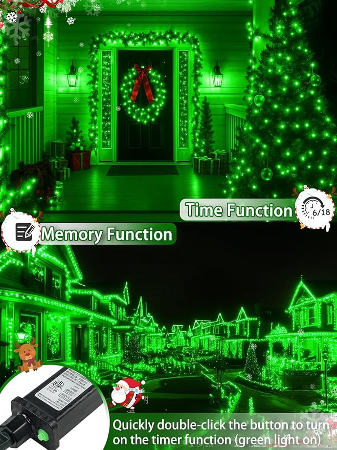 2-Pack 66FT 200 LED St. Patrick's Day Lights, 13 Modes Extendable Christmas Tree Lights with Timer & Memory, Waterproof Twinkle Fairy Lights Green Wire Outdoor String Lights Indoor for Xmas (Green)