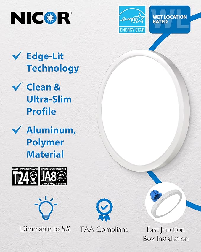 8” Round LED Surface Mount Ceiling Light - Dimmable Ceiling Light for Kitchen - Selectable CCT 2700K-5000K, 948-989 Lumens, 15.6W - DSE Edge-Lit Downlights for Ceiling, White by NICOR Lighting