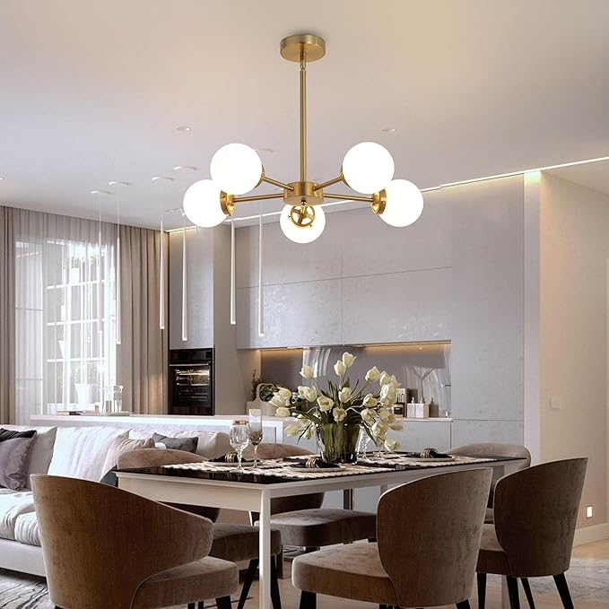 WINGBO 5-Light Sputnik Chandelier, Modern Pendant Light Fixture with 4.7" Opal White Glass Globe Shade for Flat and Slop Ceiling, Height Adjustable for Kitchen Living Room Dining Room Bedroom, Gold