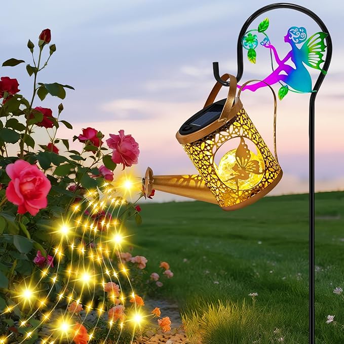 Solar Lights Garden Decorative, Solar Watering Can with Cascading Lights, Waterproof Metal Lantern with Fairy Shepherd Hook, Outdoor Decor for Yard, Patio, Gifts for Mother's Day, Women Mom