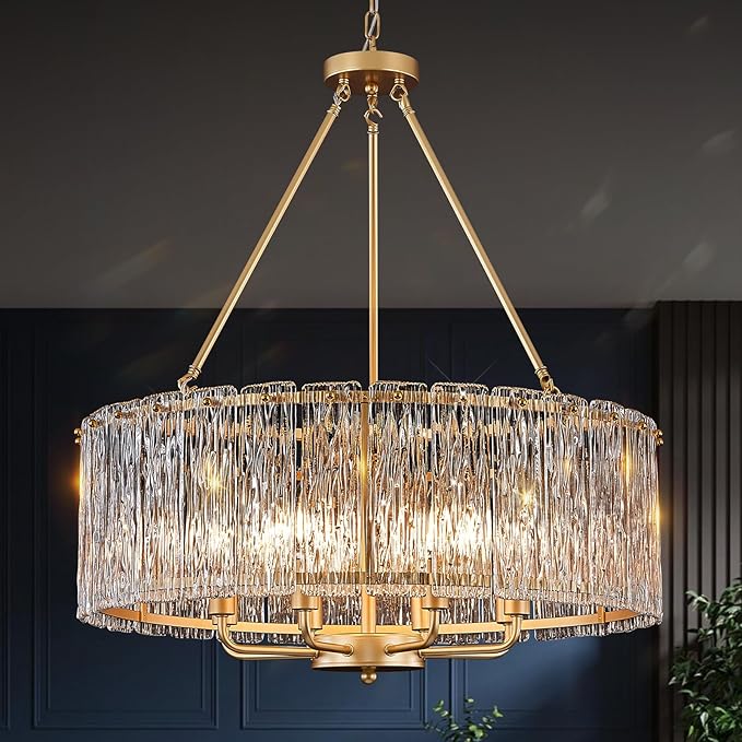CATINER Gold Drum Chandelier 24.4" Modern Crystal Glass Chandeliers Luxury 8-Light Pendant Ceiling Chandelier Lighting for Dining Room Foyer Living Room Bedroom