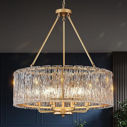 CATINER Gold Drum Chandelier 24.4" Modern Crystal Glass Chandeliers Luxury 8-Light Pendant Ceiling Chandelier Lighting for Dining Room Foyer Living Room Bedroom